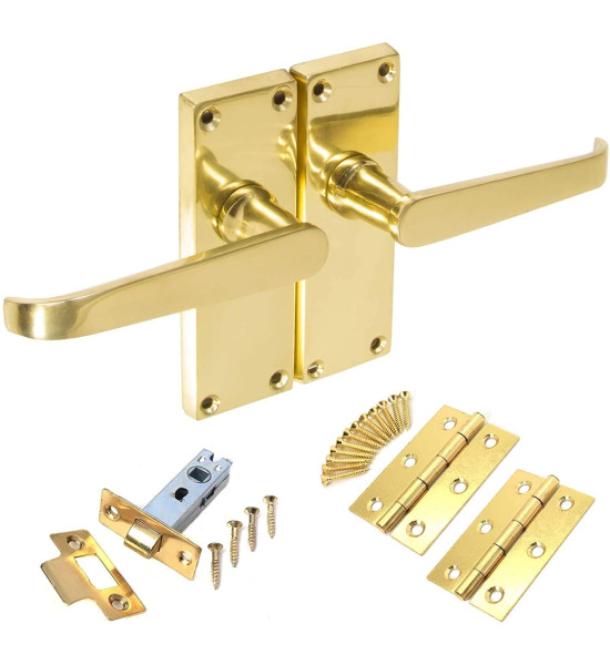 Polished Brass Straight Interior Door Handle Set Backplate 120mm x 40mm - Internal Victorian Latch Kit with Tubular Latch and Hinges