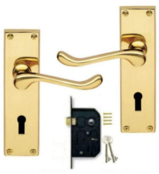 Victorian Scroll Polished Brass Lever Lock Door Handles + 3 Lever Lock Set +2 Keys - Golden Grace