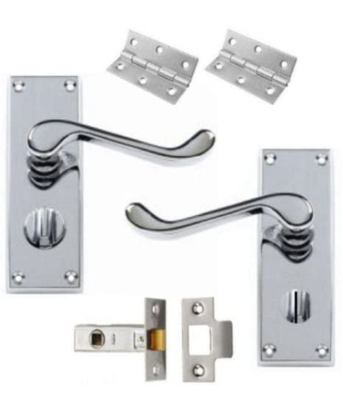 Victorian Scroll Polished Chrome Door Handle Privacy Pack 120mm  with Hinges & 63mm Latch